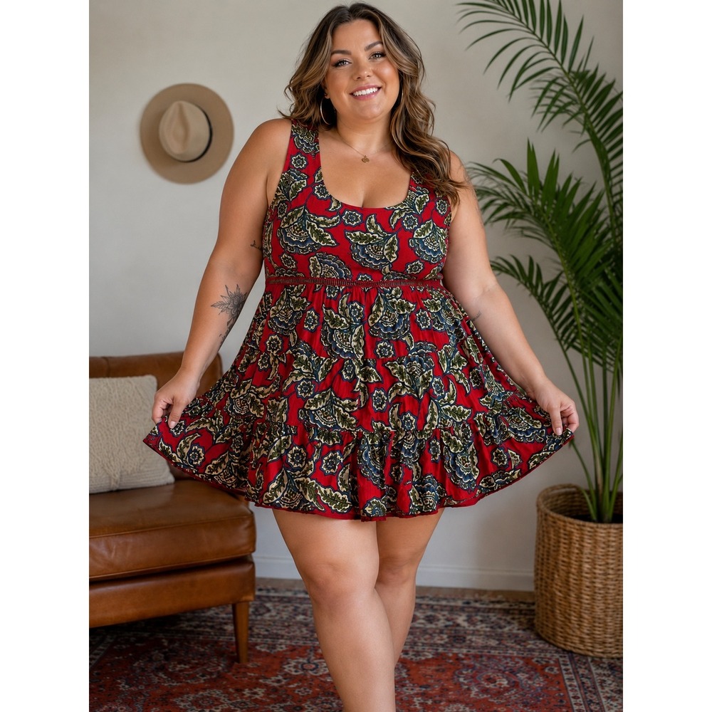 maurices Floral Boho Mini Dress Womens‎ 4X Red Tiered Lace-Up Back